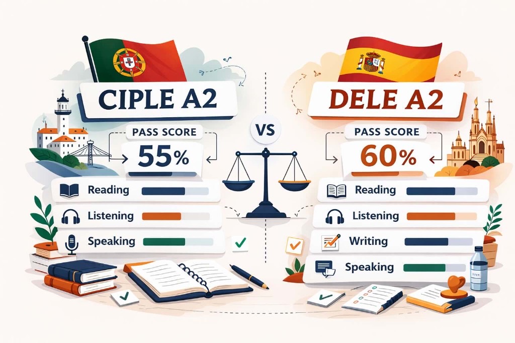 CIPLE A2 vs DELE A2 comparison showing 55% vs 60% pass scores - European citizenship exam guide