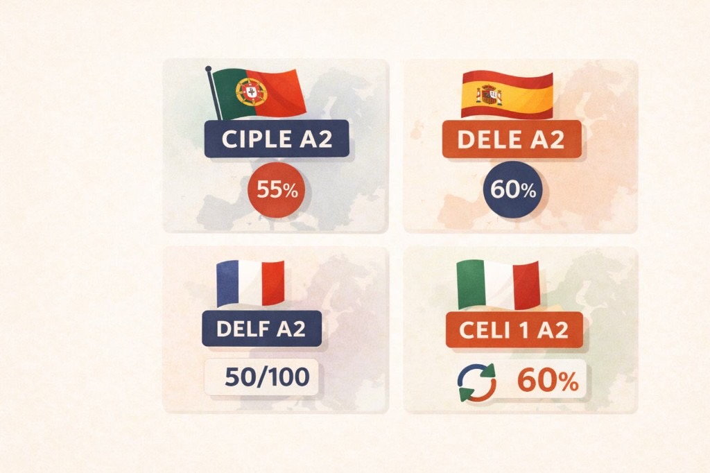 All four European citizenship language exams compared - CIPLE DELE DELF CELI pass scores and scoring rules