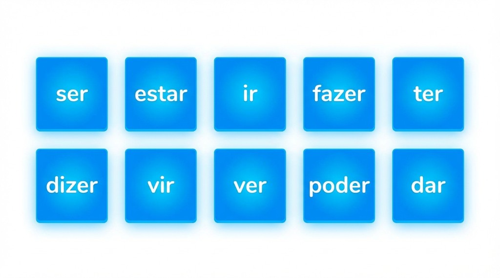 Ten high-frequency verbs: ser, estar, ir, fazer, ter, dizer, vir, ver, poder, dar — the core of A2 Portuguese.