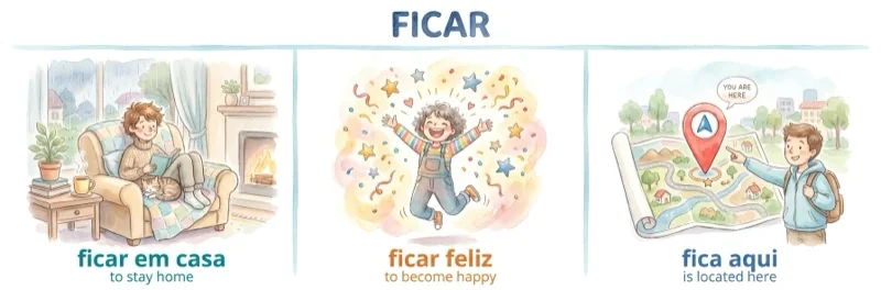 ficar = stay (ficar em casa), become (ficar feliz), be located (O café fica aqui). ficar = stay (ficar em casa), become (ficar feliz), be located (O café fica aqui).