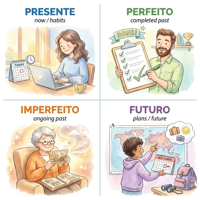 The four tenses you need for CIPLE A2: Presente (habits/now), Pretérito Perfeito (completed past), Imperfeito (background/habits in past), Futuro with ir + infinitive (plans). The four tenses you need for CIPLE A2: Presente (habits/now), Pretérito Perfeito (completed past), Imperfeito (background/habits in past), Futuro with ir + infinitive (plans).