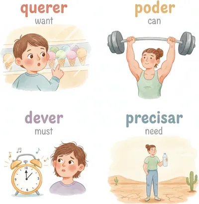 querer (want), poder (can), dever (must), precisar de (need) — the four key modals.