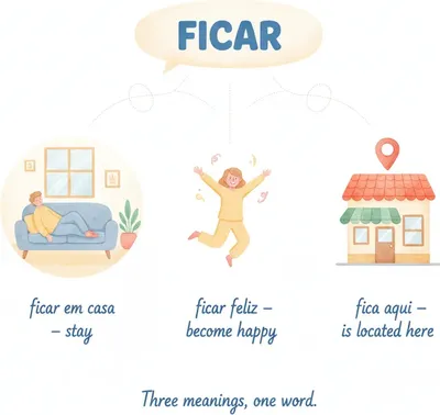 ficar = stay (ficar em casa), become (ficar feliz), be located (O café fica aqui).
