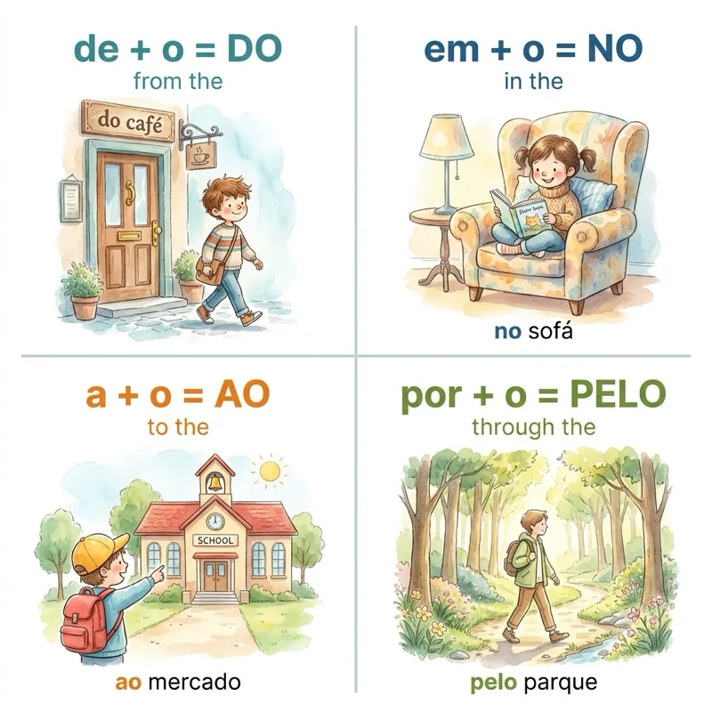 One-page grid: de, em, a, and por fused with o, a, os, as — do/da, no/na, ao/à, pelo/pela, and plural forms. One-page grid: de, em, a, and por fused with o, a, os, as — do/da, no/na, ao/à, pelo/pela, and plural forms.