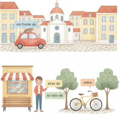 em frente de, atrás de, ao lado de, entre — prepositions you can see in a city.