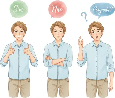 Same core, three forms: Sim (yes) ✓, Não (no) ✗, Pergunta (question) ?