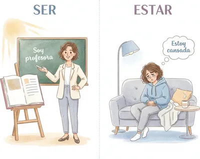 ser = permanent identity (Eu sou professor); estar = temporary state (Eu estou cansado).