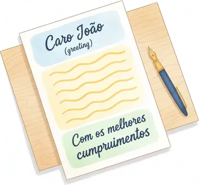 Letter structure: Caro/a… (greeting) → body → Com os melhores cumprimentos (closing).