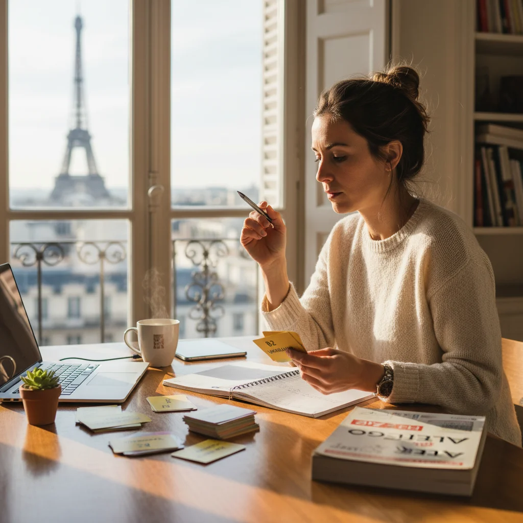 French B2 exam preparation with vocabulary flashcards and DELF study materials on a desk