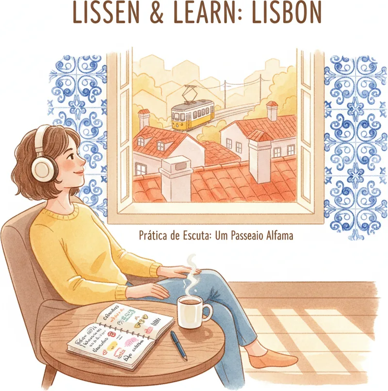 Person wearing headphones studying European Portuguese with notes — CIPLE A2 listening practice