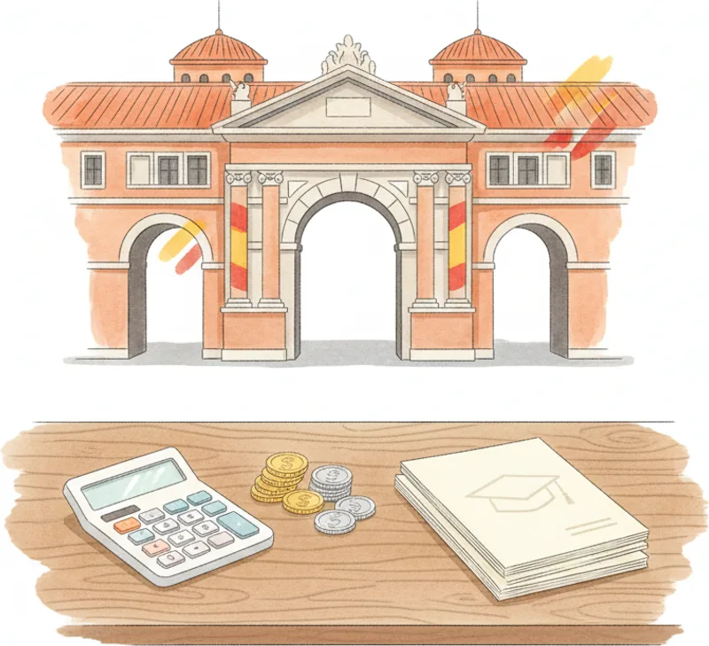 Calculator, euro bills, and exam materials on a desk — DELE A2 cost breakdown