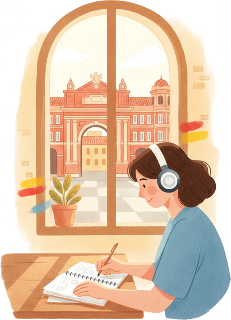 Person wearing headphones studying Spanish with a notebook — DELE A2 listening practice