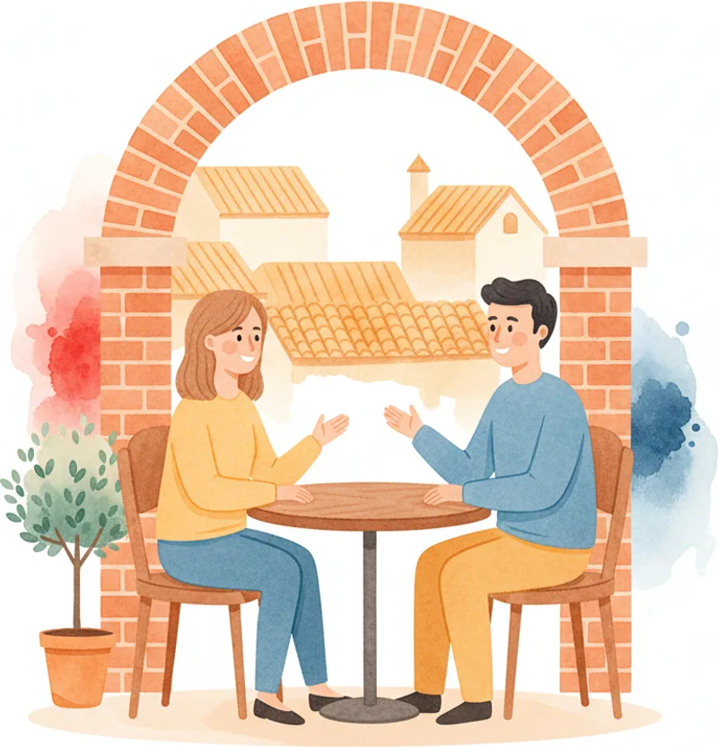 Two candidates and examiners at a table during the DELE A2 oral exam — speaking test guide