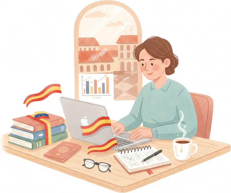 Bandera venezolana y pasaporte español sobre una mesa de estudio — guía DELE A2 para venezolanos