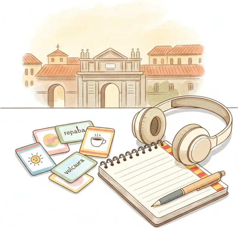 Colorful Spanish vocabulary flashcards spread on a desk — DELE A2 1000 essential words