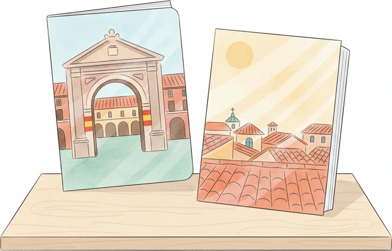 Two exam booklets labeled DELE and CCSE on a desk with Spanish flag — citizenship exams compared