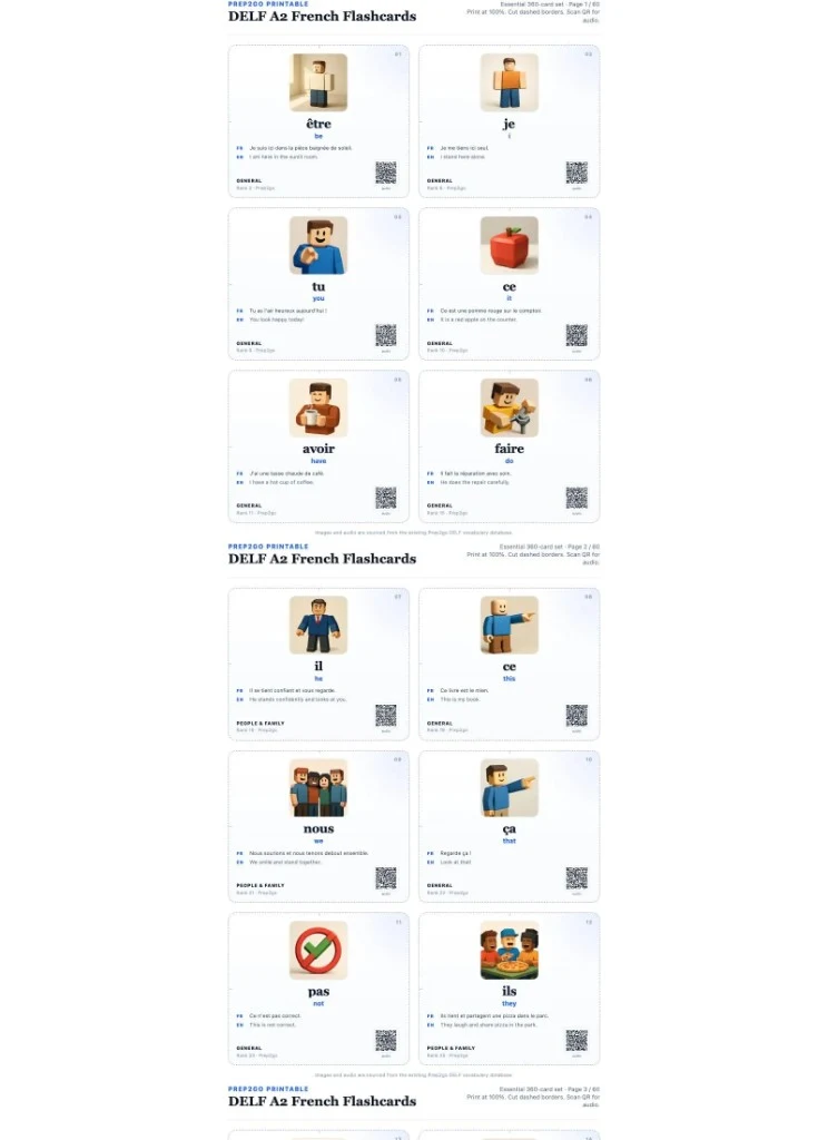 Sample printable page: French headword, English gloss, example sentence, illustration, and QR code for native audio. Sample printable page: French headword, English gloss, example sentence, illustration, and QR code for native audio.
