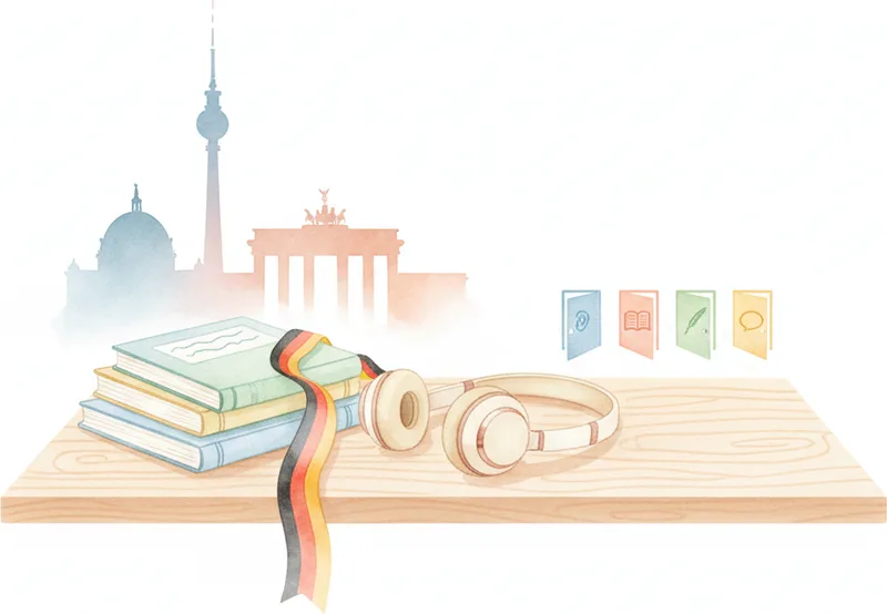 Adult learner preparing for DTZ B1 German exam with headphones and notes — citizenship preparation