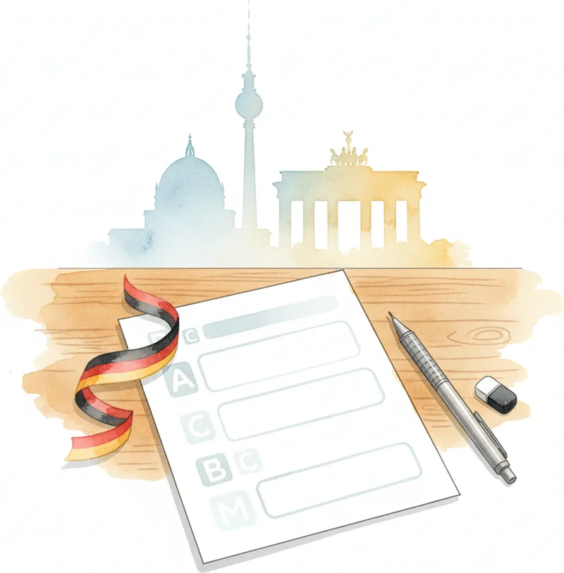 Adult learner practising blurred gap-fill and letter-style worksheets — DTZ Sprachbausteine and Schreiben prep