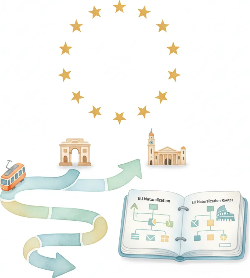 Adult professional with passport-sized folder and blurred EU city skyline — fastest paths to European citizenship comparison