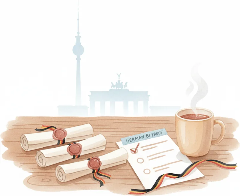 Person reviewing German documents for naturalisation — language certificates and integration course context