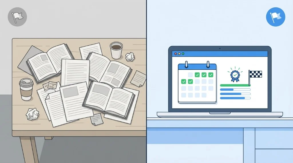 Prep2go vs GlobalExam: structured digital study with calendar and progress vs traditional messy desk