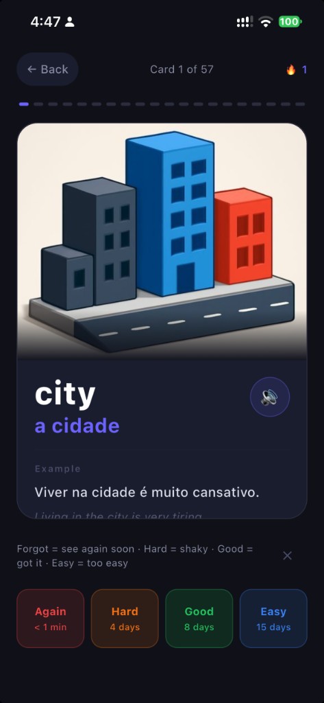 Prep2Go app card: a cidade (city) with picture, example sentence and audio