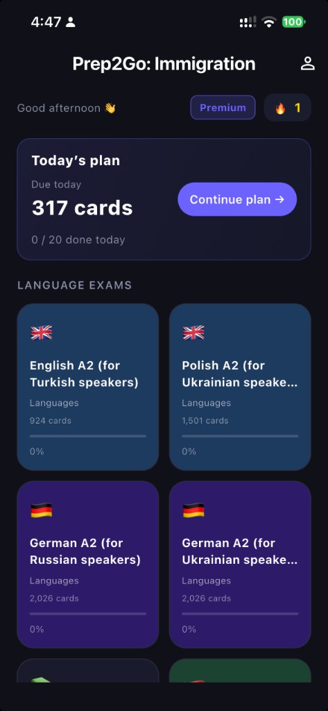 Prep2Go app home: today's plan with cards due and your exam decks