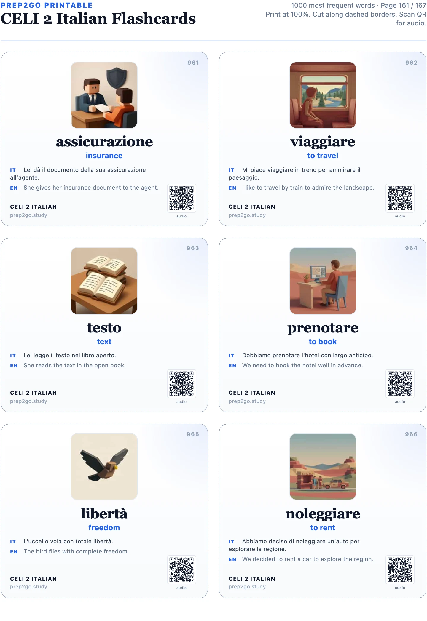 Page 161 of the CELI 2 printable PDF: six Italian flashcards (assicurazione, viaggiare, testo, prenotare, libertà, noleggiare), each with an image and a QR code for audio