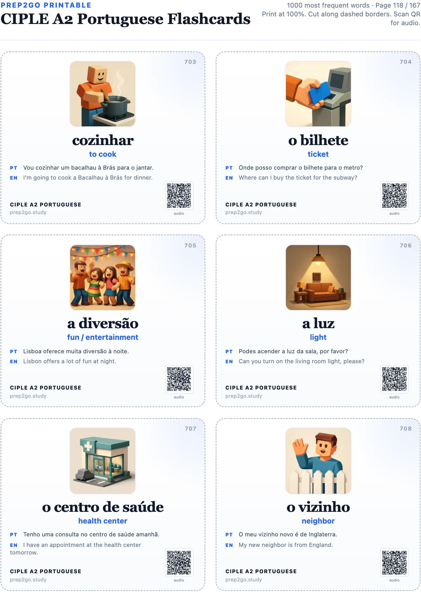 Page 118 of the CIPLE A2 printable PDF: six European Portuguese flashcards (cozinhar, o bilhete, a diversão, a luz, o centro de saúde, o vizinho), each with an image and a QR code for audio