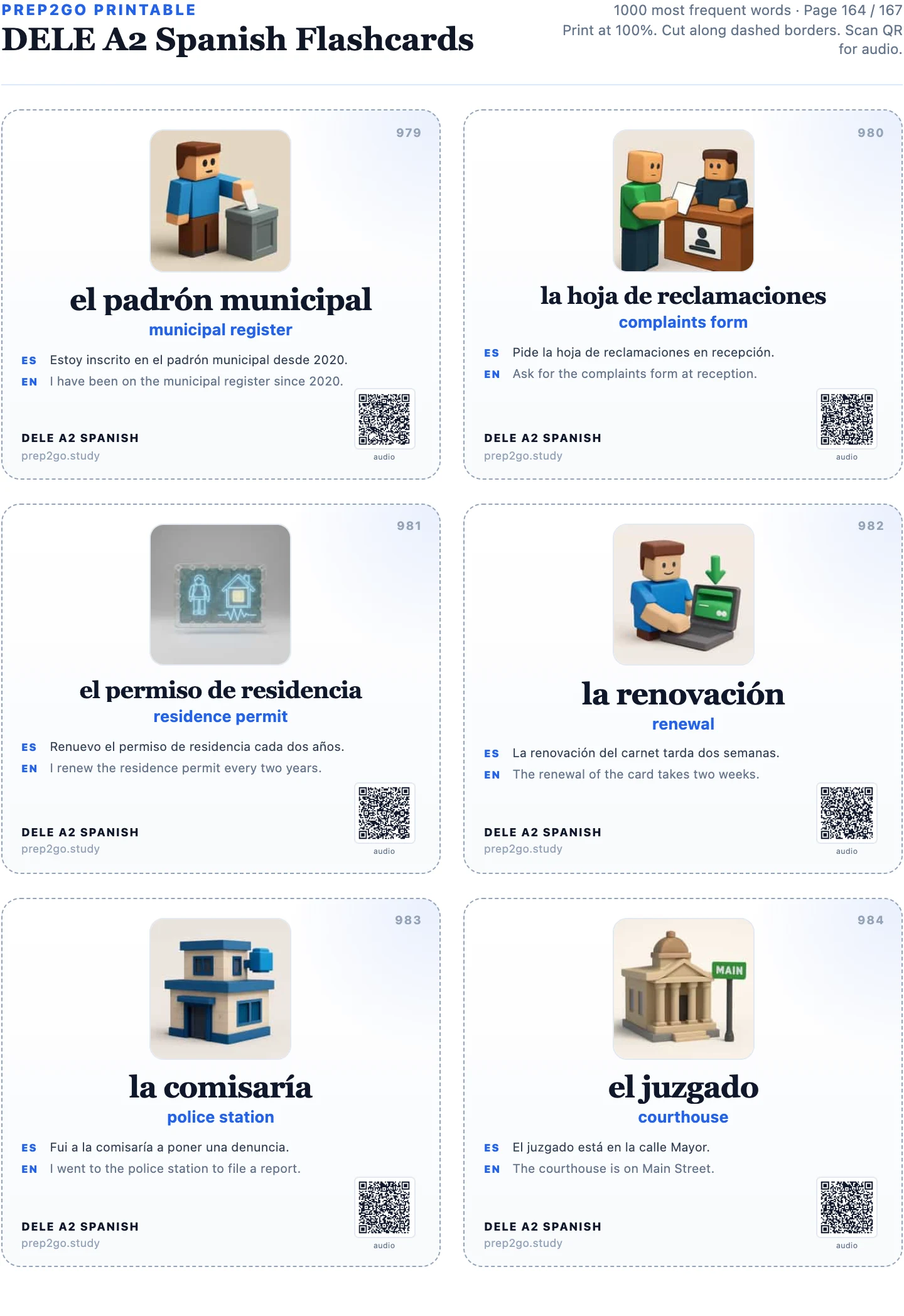 Page 164 of the DELE A2 printable PDF: six Spanish flashcards (el padrón municipal, la hoja de reclamaciones, el permiso de residencia, la renovación, la comisaría, el juzgado), each with an image and a QR code for audio