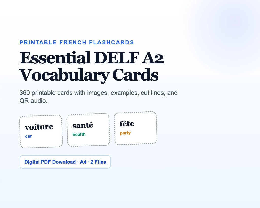 Essential DELF A2 printable vocabulary cards preview with French words and English translations