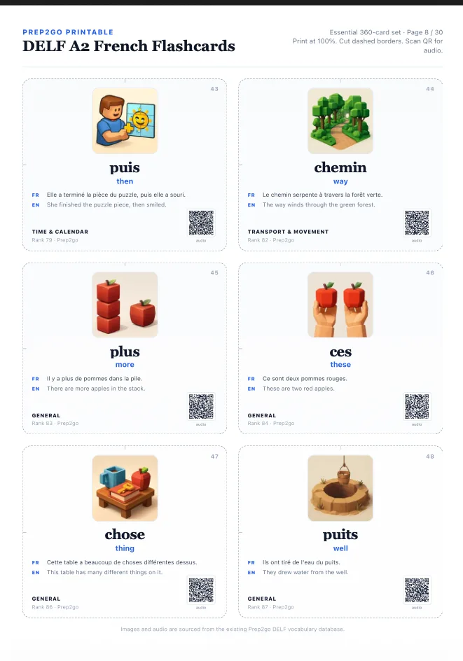 Real DELF A2 printable page: six flashcards, each with a QR code for audio