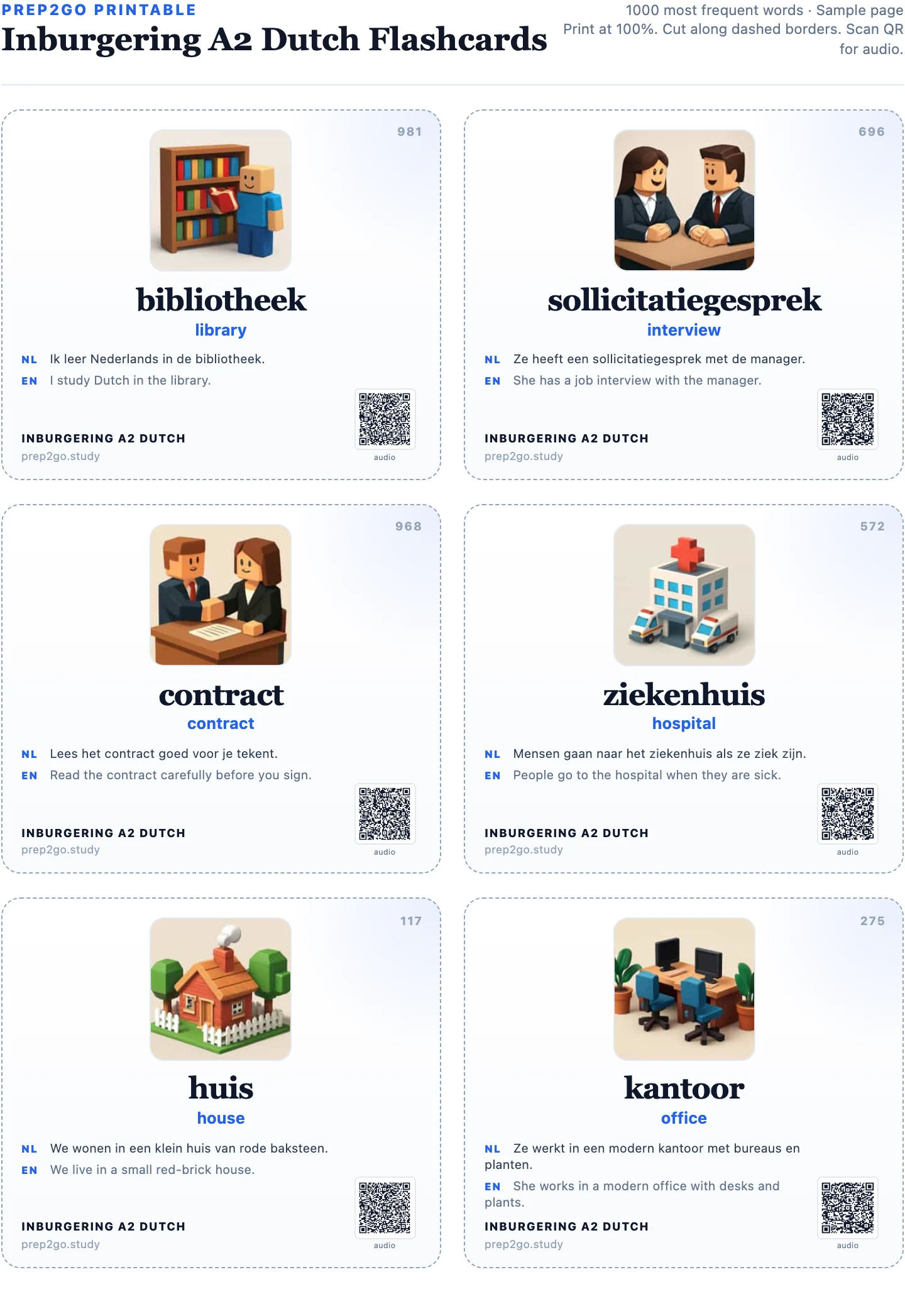 Inburgering A2 printable page: six Dutch flashcards (bibliotheek, sollicitatiegesprek, contract, ziekenhuis, huis, kantoor), each with an image and a QR code for audio